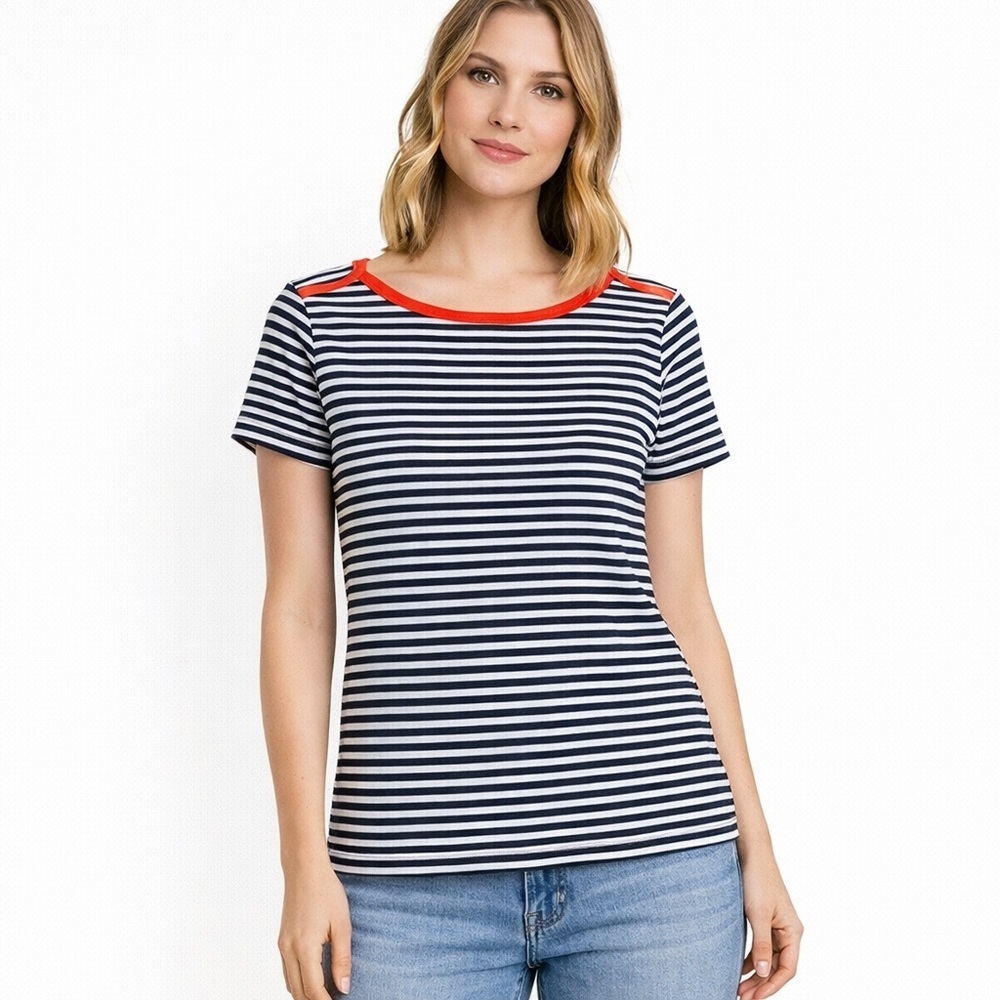 J.Crew NWT Breton Stripe Tee Small Navy White Red Trim French Girl Nautical Top
